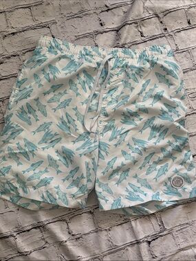 Brooklyn Cloth White Swim Trunks with Aqua Fish Print